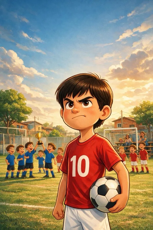 Menino de uniforme sentado no campo depois do jogo